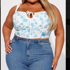 Fashion Nova White and Blue Patterned Corset Cropped Top NWT